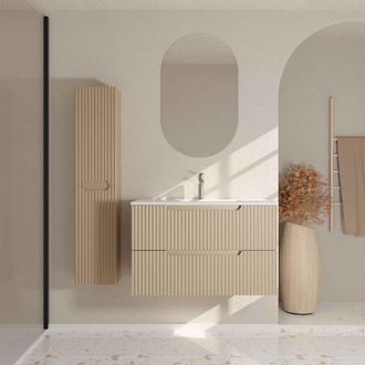 Aurlane Aurlane - Mobile E Colonna Bagno Leon 80 Cm Marrone Glac&eacute; - Frontali Ondulati - Lavabo Bianco Opaco