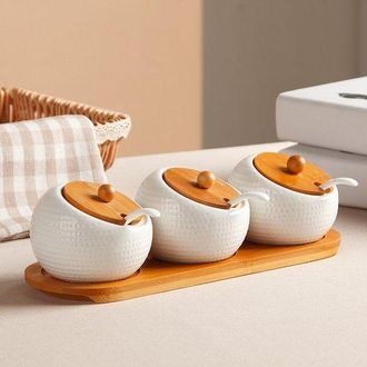 OEM 3 Tarros De Cer&aacute;mica Y Bamb&uacute; Para Hierbas, Con Soporte, Tapa Y Cuchara, Base Incluida, Color Natural