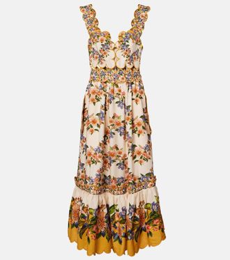 Farm Rio Vestido midi en mezcla de lino floral festoneado