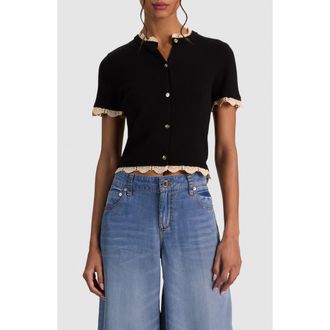 Alice & Olivia Ciara Crochet Trim Wool Blend Cardigan in Black/natural at Nordstrom, Size X-Large