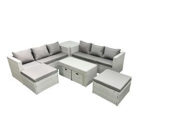 Fimous Outdoor Rattan Garden Furniture Set with Grey Cushions Luxury 10 Seater with Coffee Table & Side Table For Conservatory, Patio in Light Grey