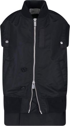 sacai Layered Black Nylon Twill Vest with Double Breasted Design
