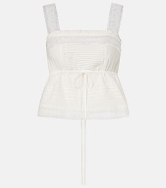 Ganni Lace-trimmed ruffled cotton crop top