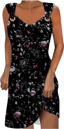 Generic Women Summer Strappy Floral Midi Dress Ladies Sleeveless Boho Beach Dresses Floral Print Tank Dresses Cami Knee Length Loose Dress Elegant Swing Dress