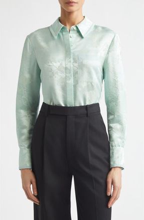 Jason Wu Floral Wool & Silk Satin Jacquard Button-Up Shirt in Light Aqua at Nordstrom, Size 10
