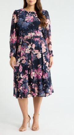 Tahari by ASL Floral Belted Long Sleeve Dress in Navy Peri Rose at Nordstrom, Size 18 W
