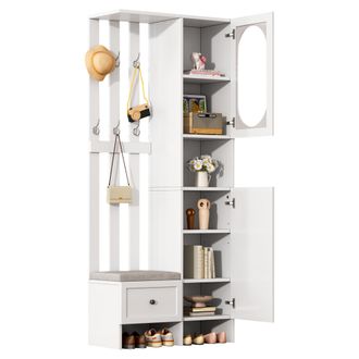 STILVORA Mueble De Entrada Con 2 Armarios, 6 Ganchos, Banco Zapatero Con Coj&iacute;n, Puertas De Vidrio Templado, Blanco, 85&times;33,5&times;200 Cm