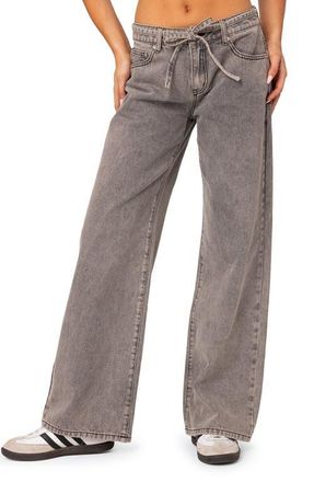 Edikted Tie Belt Low Rise Wide Leg Jeans in Light-Gray at Nordstrom, Size X-Large