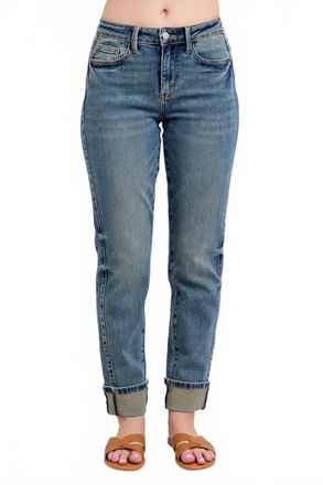 Judy Blue Womens Melody Vintage Wash Panel Cuff Boyfriend Jeans In Blue