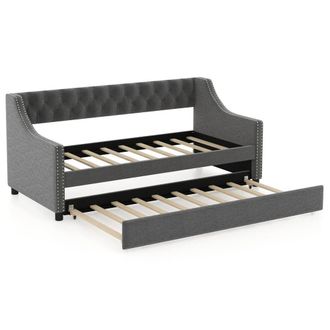 Costway Costway Linen Upholstered Daybed Single Size Trundle Bed Sofa Bed Frame in Grey