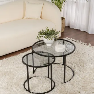 Dmora Tavolino Da Salotto Vetusto, Modulabile, Forma Rotondo, Sfumatura Colore Ripiano Fume, 42x42x39h Cm Nero