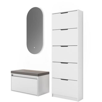 Vicco Mueble Zapatero Luca, Blanco, 3 Partes, Con Espejo Led Y Banco, Vicco