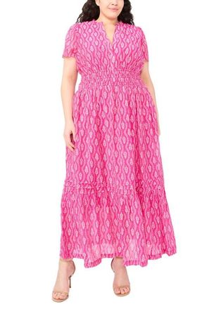 CeCe by Cynthia Steffe Print Smocked Waist Maxi Dress in Magenta at Nordstrom, Size 3 X