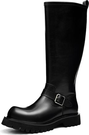 Generic Mens Leather Knee High Boots with Buckle Chunky Heel Lug Sole Casual Boots Round Toe Platform Long Boot with Zipper,Black,7.5 UK