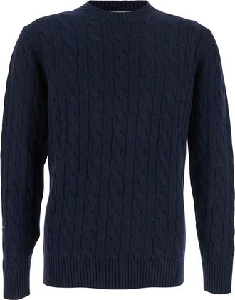 KANGRA Blue Crew Neck Sweater With Braided Design In Wool Man