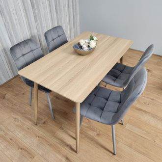Kosy Koala Rectangle Oak Effect Kitchen Dining Table With 4 Grey Velvet Tufted Chairs Dining Set