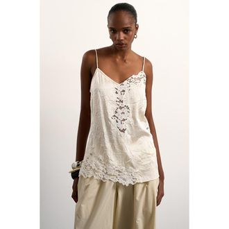 Topshop Crinkle Satin & Lace Camisole in Ivory at Nordstrom, Size 12 Us