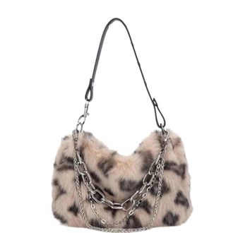 Generic Womens Plush Bags Faux Fur Leopard Shoulder Bag Womens Autumn Winter Chain Handbags Ladies Print Clutch Purses Fluffy Top Handle Bags(Yellow)