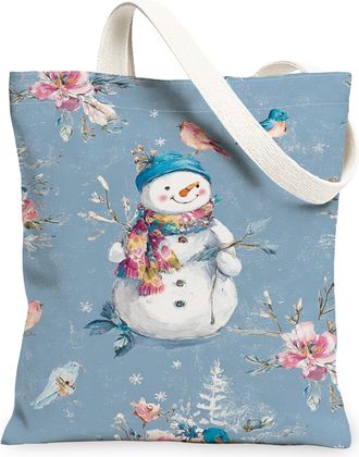 Generic Winter Floral Canvas Tote Bags, Snow Man Pattern Reusable Grocery Bags, Vintage Lightweight Washable Shoulder Strap Canvas, Blue, 13x15 Inch