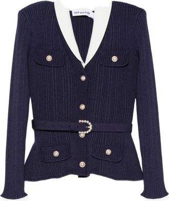 Self Portrait Ribbed Knit Cardigan - Dames - Vesten - Blauw - M - Wol - Truien & Vesten