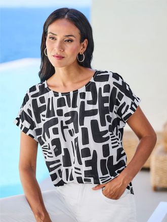 Heine Kurzarmbluse HEINE, Damen, Gr. 34, schwarz, ecru, bedruckt, 100% Modal, bedruckt, gemustert, mehrfarbig, Rundhals, Blusen Kurzarmbluse