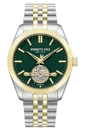 Kenneth Cole Open Heart Automatic Two-Tone Bracelet Watch, 43mm in Green/Two Tone at Nordstrom