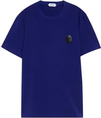 Versace Leather Medusa Patch Stretch Cotton T-Shirt in Bright Ink Blue at Nordstrom, Size Xx-Large
