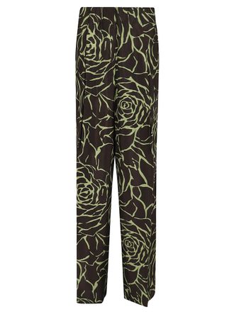Dries Van Noten Fluid Twill Wide-Leg Trousers with Woodblock Rose Print