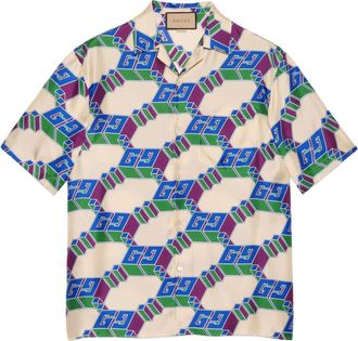 Gucci 3D GG Print Silk Shirt Blue Ivory 770432-ZAPEY-9093