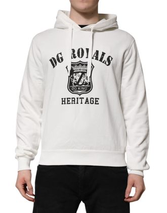 Dolce & Gabbana White Cotton DG ROYAL Print Hooded Mens Sweater