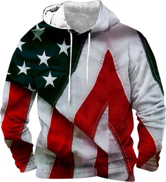 Generic Hoodies for Men Uk: Usa Flag Printed Pullover Hoodies Loose Long Sleeve Hooded Sweatshirt Casual Drawstring Hoody Top Workout Gym Sweatshirt with Hood