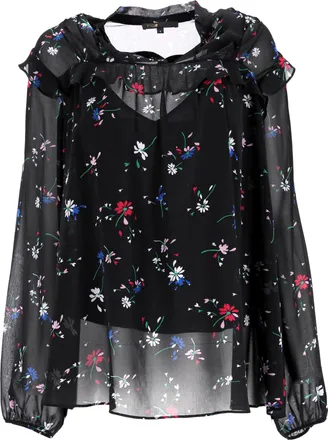 Maje Letra top met ruches en bloemenprint in zwart polyester
