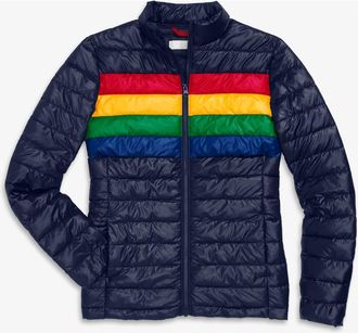 primary Grown-Ups Puffer Jacket In Stripe in Navy Bold Rainbow at Nordstrom, Size Xx-Large