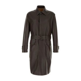 Ferragamo Trench Coats, male, Brown, L, Leather Trench Coat