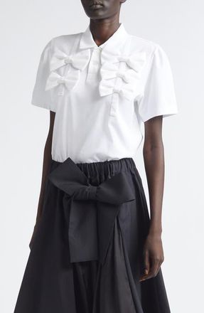 Comme Des Gar&ccedil;ons Bow Embellished Ponte Knit Polo in White at Nordstrom, Size X-Small