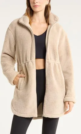 Zella Faux Shearling Longline Jacket in Tan Oxford at Nordstrom, Size Xx-Large