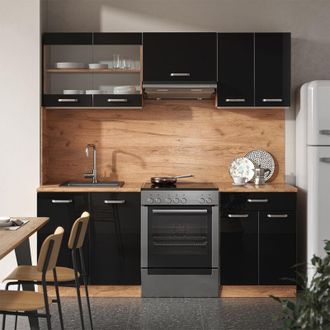 Vicco Mueble De Cocina R-line, Roble Negro/dorado De Alto Brillo, 200 Cm Sin Encimera, Vicco