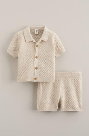 Nordstrom Short Sleeve Knit Button-Up Shirt & Shorts Set in Beige Oatmeal Light Heather at Nordstrom, Size 12M