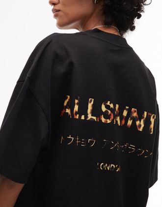 AllSaints Underground - T-shirt oversize nera con stampa leopardata-Nero