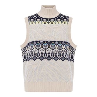 Liu Jo Jacquard Vest met Juweelborduurwerk - Dames - Truien - Beige - Maat: S Wol