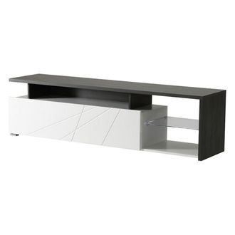 Dmora Mueble Para Tv Induno, 6 Estantes, Una Puerta, Detalle Geom&eacute;trico, Estante De Vidrio, 170x42x47h Cm Blanco