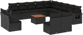 vidaXL Set Sof&aacute;s De Jard&iacute;n 14 Pzas Con Cojines Rat&aacute;n Sint&eacute;tico Negro Vidaxl