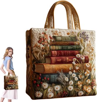 Generic Quilted Tote Bag, Embroidery Floral Bookish Patchwork Bags, Canvas Tote Bags for Women, Large Capacity Totes, Suitable for Office, Shopping, Appointme