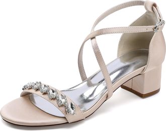 Generic Womens Peep Toe Chunky Ankle Strap Wedding Bridal Shoes Low Block Heels Sandals Crystal Wedding Dress Shoes 4.5Cm,Champagne,10 UK