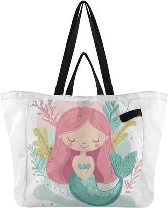 Generic Pink Mermaid print Reusable Canvas Tote Bag, Heavy Duty Grocery Shopping Bag with Hard Bottom Large Capacity Double Handles Work Groceries Travel
