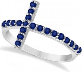 Allurez Modern Sideways Blue Sapphire Cross Fashion Ring in 14k White Gold (0.42ct)