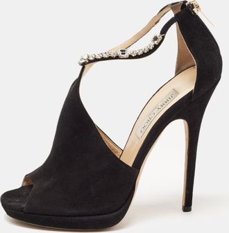 Jimmy Choo London Black Suede Crystal Embellished Ankle Strap Sandals