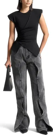 Mani&egrave;re De Voir Wide Shoulder Ruched Waist Top in Black at Nordstrom, Size 12