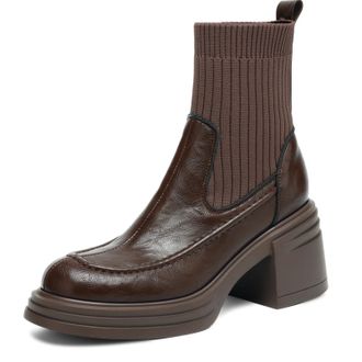 Generic Women Retro Round Toe PU Leather Ankle Boots Chunky Block Platform Heels Slip On Ribbed Knit Sock Fit Cushioned Non Slip Comfortable Durable Fashion,B