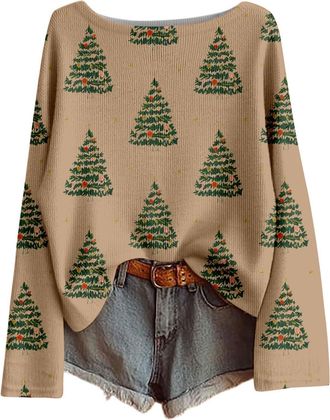 Generic Womens Christmas T Shirts Funny Christmas Funny Xmas Tree Snowman Print Tops Loose Long-Sleeved Sweater Casual Pullover Knitted Top with Multiple Desi